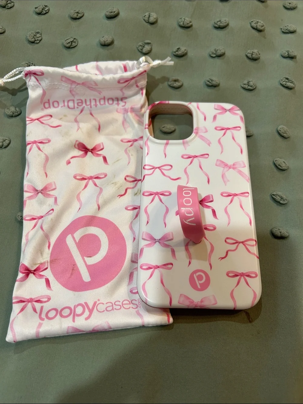 Loopy Case Pink Bow Print Phone Case with Pink Loopy IPhone 14.